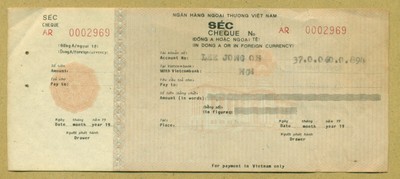 Vietnam 1980er Bankscheck für DONG A / Fremdwährung von Foreign Trade Bank