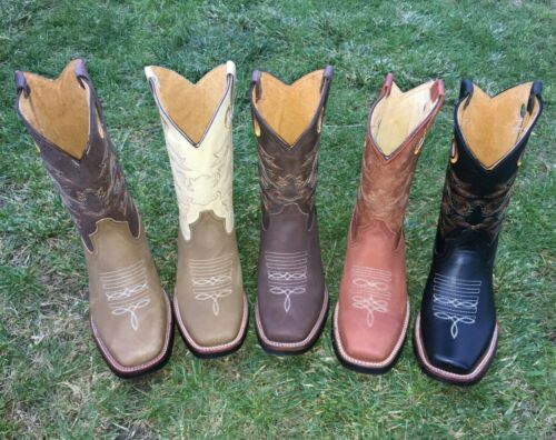 Men cowboy boots Genuine Cowhide Leather Square Toe Rodeo Western Bota Vaquera - Afbeelding 1 van 19