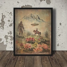 Vintage SASQUATCH UFO COWBOY Wall Art, ALIEN BIGFOOT Decor, UAP Flower Poster