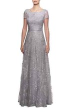 La Femme 27837 Sequin Floral Embroidered Gown SZ 12 Silver Mrsp 498
