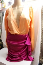 Fashion Nova Dress SMALL  Orange And Fuchsia Color Block Short Plunge Neckline