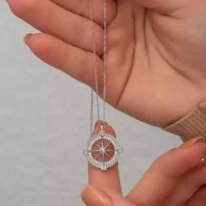 Authentic Real Moissanite 1.40CT Unique Compass Necklace Pendent 14K White Gold Plated