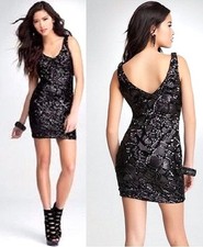 $159 New Bebe black 3d textured sequin double v back club top dress M Medium
