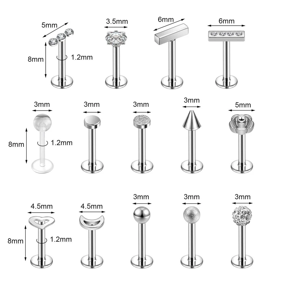 Juego de piercing labial Labret de acero quirúrgico/acrílico 16G circonita cúbica cartílago pendiente joyería Foto 3 de 4