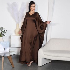 Women Satin Batwing Sleeve Abaya High Waist Kaftan Maxi Dress Dubai Muslim Gown