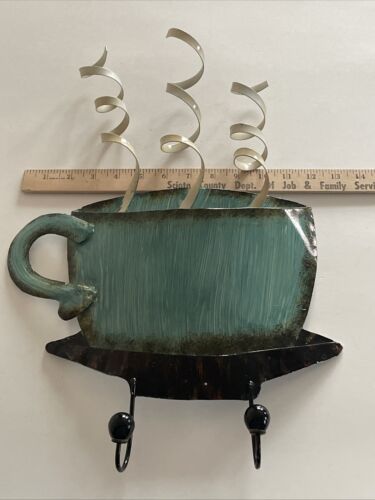 Vintage Decor Metal Wall Mounted Coffee Mug Holder with 2 Cup Hooks Art Decor - Picture 3 of 4