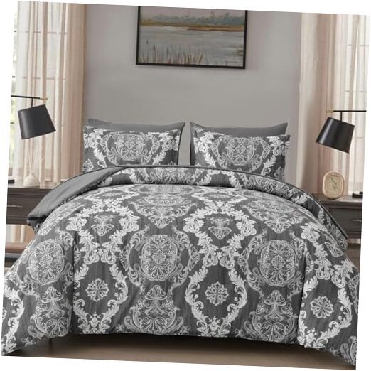 Comforter Set Size, Damask Texture 7 Pieces Bed in a Bag Queen Dark Grey-image