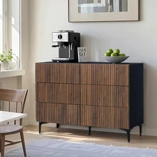 Fluted Buffet Cabinet with Storage, Walnut Sideboard Cabinet 6 Drawers Wood