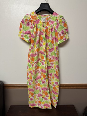 #ad Elegant Emily Pink Orange Green Fruit Waffle Pearl Snap House Dress Sz Sm $24.99