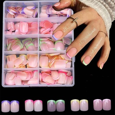 10 Packs 240Pcs French Tip Press on Nails Short Square Fake Nails Colorful Na...