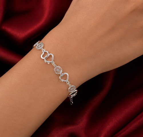 Elegant 925 Sterling Silver Unique Heart Rose Flower Fashion Jewelry 9" Bracelet