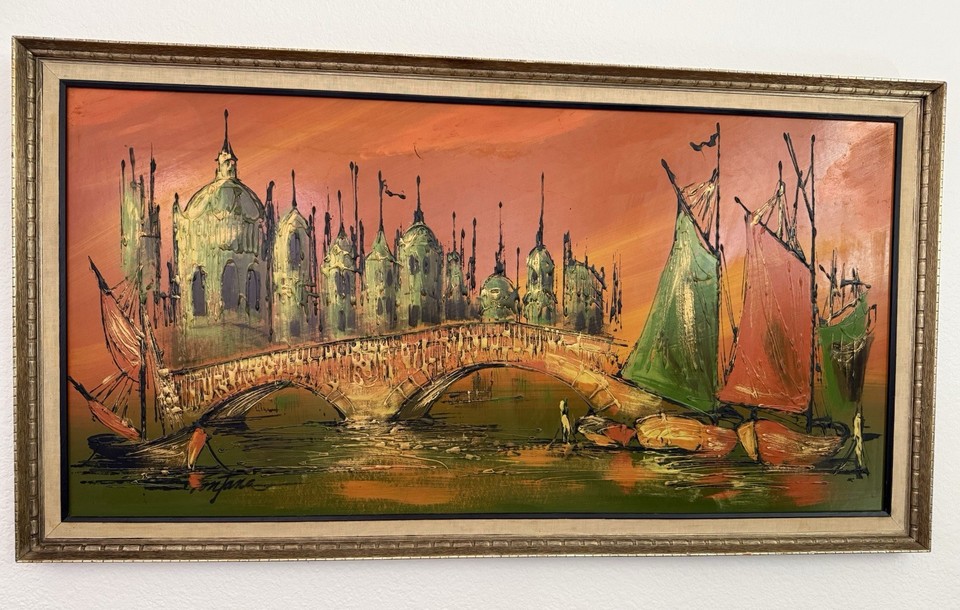 An original vintage Venice cityscape drip oil painting — Turner-style atmospheric romanticism with genuine one-of-a-kind character.
