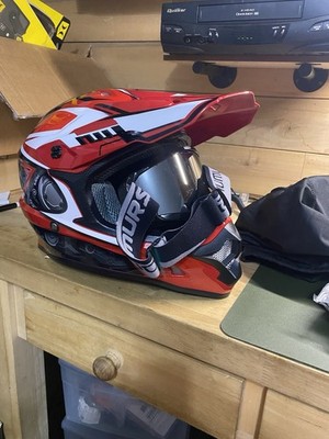 OUMURS Adult ATV Dirt Bike Helmet DOT Size L Red w/Goggles & Mask. Read Disc!