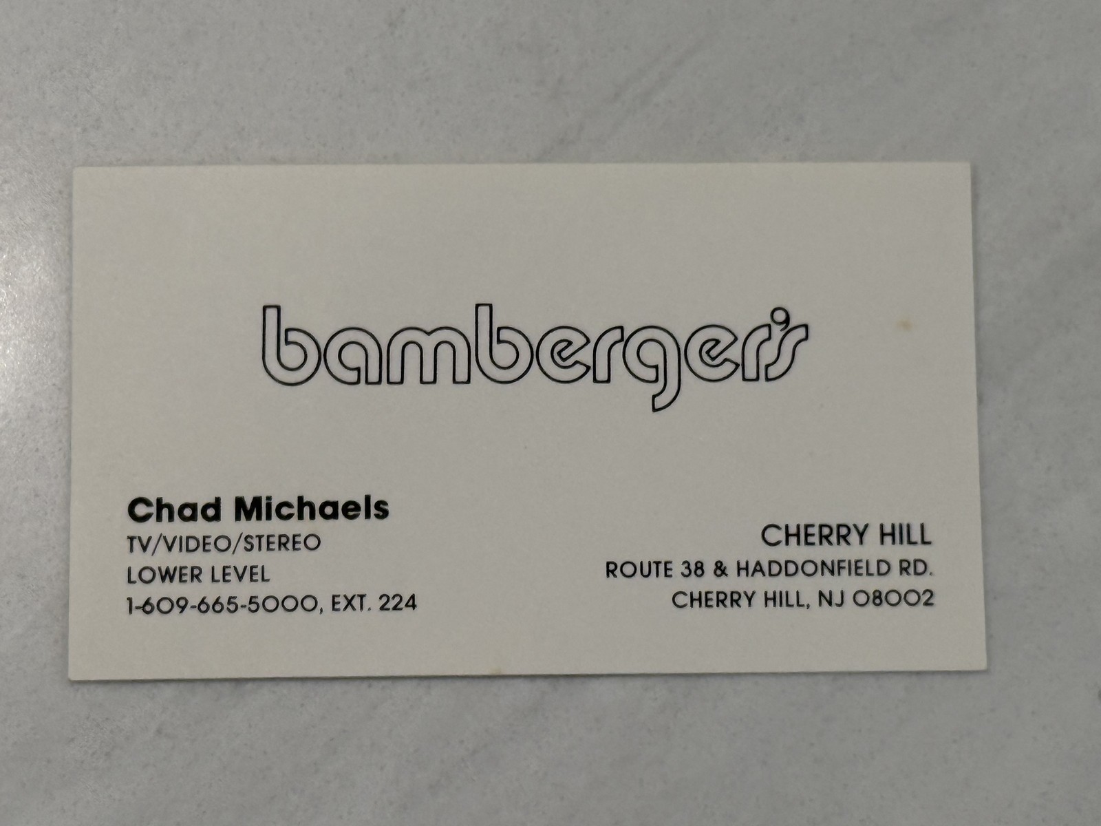Bamberger's Cherry Hill NJ Business Card Chad Michaels TV Stereo Macy's