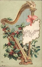 XMAS Merry Christmas Harp with Holly Mistletoe 1907 Leona Song,Glenwood Vintage