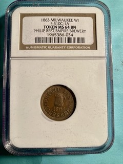 PHILLIP BEST EMPIRE BREWERY MILWAUKEE PABST BREWING PREPRO LAGER BEER TOKEN 1863