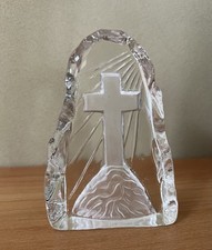 Paperweight Clear Glass Etched Cross on Hill Christian Iceberg shape