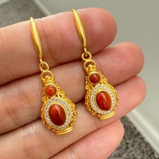 925 Sterling Silver Earrings 6x5mm Natural South Red Agate Gemstone Zircon Drop