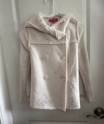 Say What? Girls S Beige Hooded Faux Fur Lined Double-Breasted Peacoat