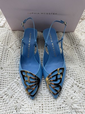 New Sophia Webster Pumps SZ 39 US 8.5 Butterfly Low Slingback Riviera Blue, Gold