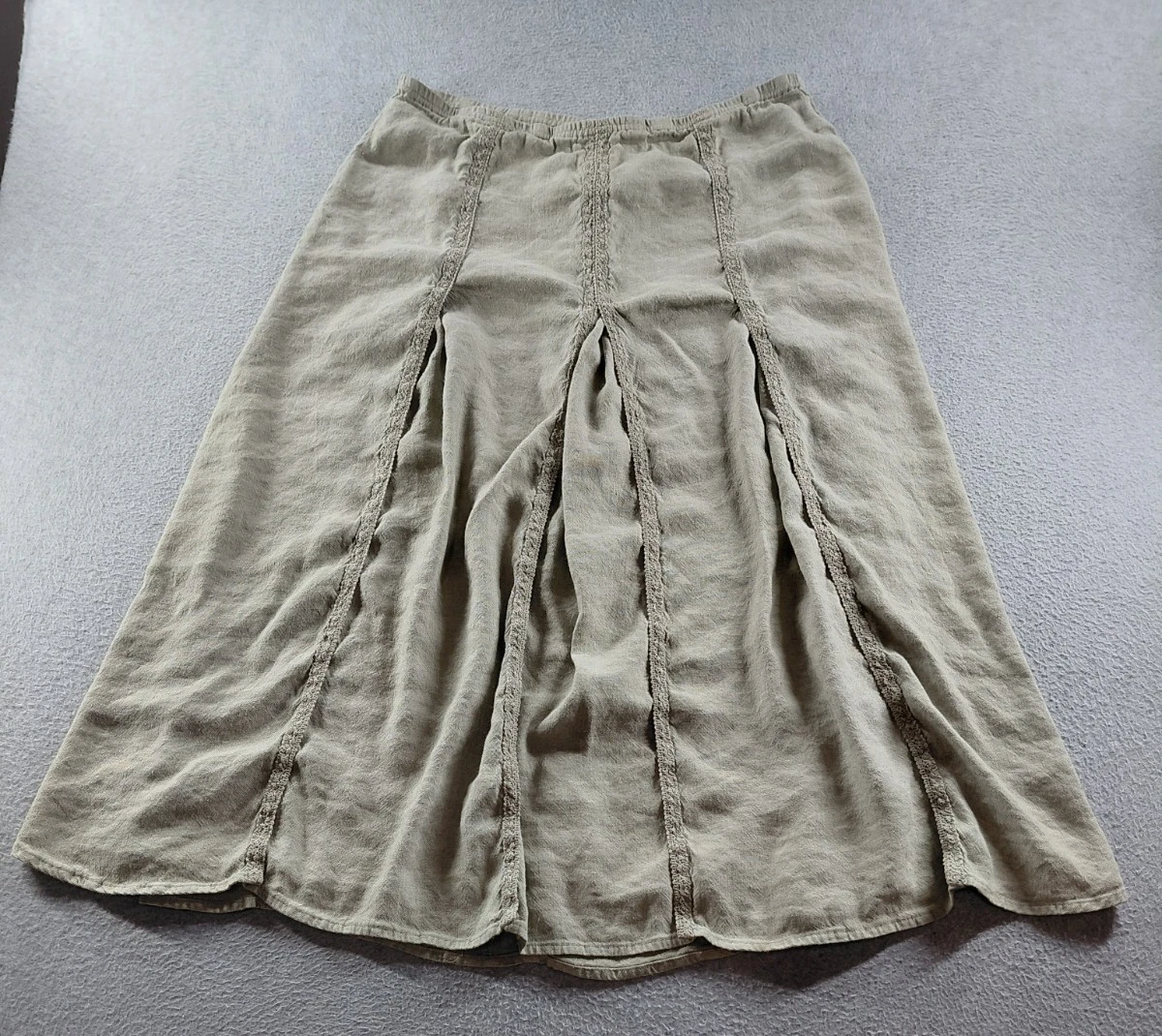 J. Jill Women's Maxi Skirt Olive Size M Linen Rayon A-Line Lace Pleated Back Zip