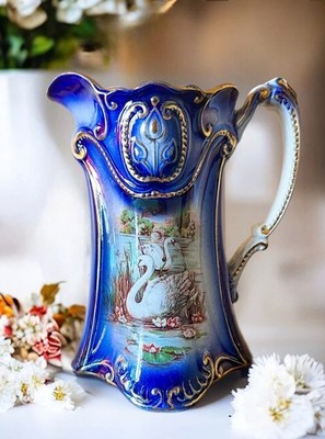 Antique Flow Blue Water Pitcher with Swan Design and Gilt Trim