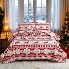 3 Pcs Red Gray Christmas Reindeer Bedding Quilt Set Full/Queen Size Xmas Deer...