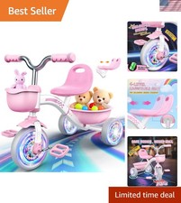 Toddler Tricycle for Ages 2-5: Pink Bike with 3 Color Lights  Storage Baskets