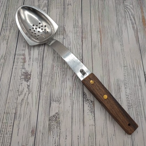 Vintage Vernco Slotted Holes Serving Spoon Skimmer Serrated Edge Stainless Wood
