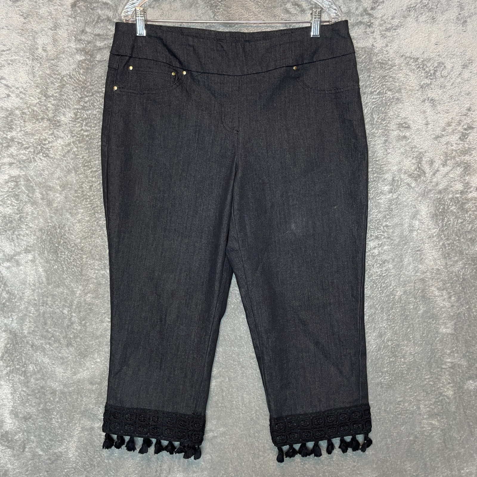 Ruby Rd Women Dark Wash Modern Boho Chic Elastic Pull On Waist Cropped Jeans 14