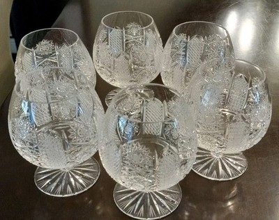 6 Bohemian Czech Crystal 4 1/8'' BRANDY GLASSES Hand Cut Queen Lace ~ MINT 