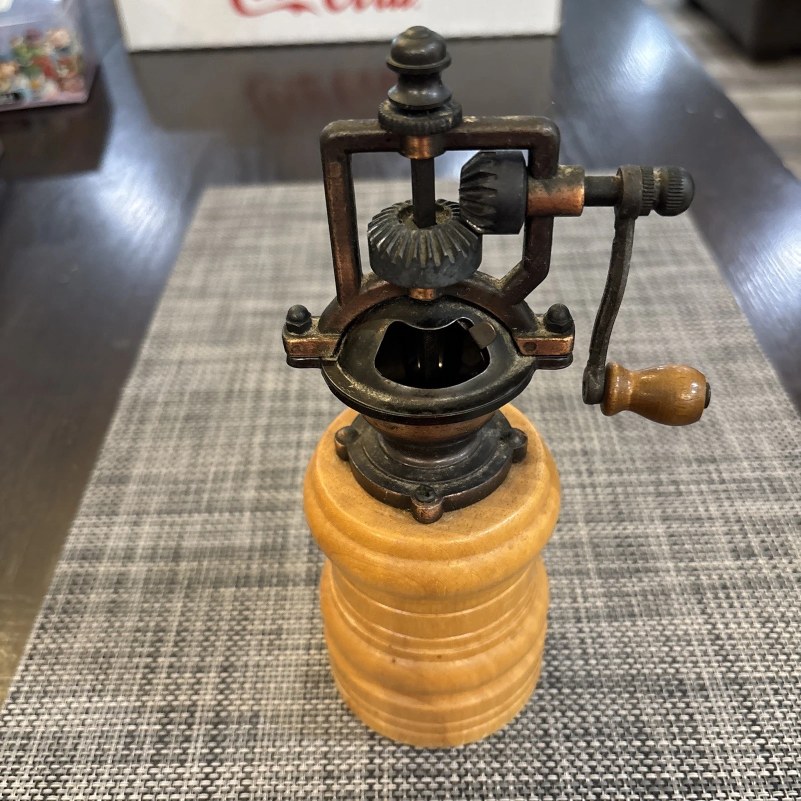 Vintage Old Fashion Hand Crank Copper & Wood Pepper Mill Spice Grinder