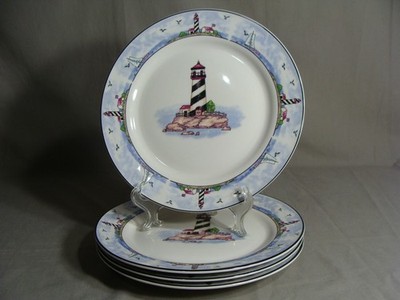 4 DINNER PLATES (10 5/8'') With A Coastal Lighthouse Scene