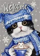 Welcome Winter Tuxedo Cat Decorative Garden Flag, Christmas Pet Hot Coocoa Sn...