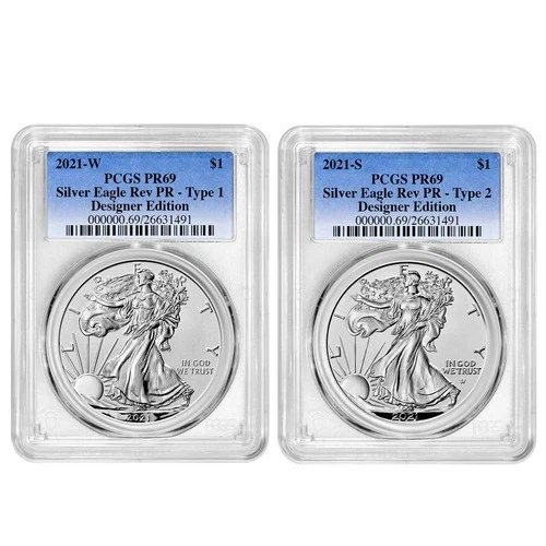 2pc Set - 2021 $1 1-oz Reverse Proof American Silver Eagle Designer PCGS PR69