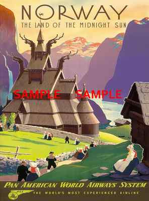 1950 Pan Am Norway The Land of the Midnight Sun 11 x 17 Travel