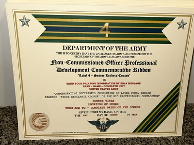 NCO PROFESSIONAL DEVELOPMENT LV-4 COMMEMORATIVE CERTIFICATE ~ W/PRINTING TYPE-1