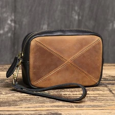 Men's Leather Wristlet Bag Small Handbag Vintage Brown Leather Pouch