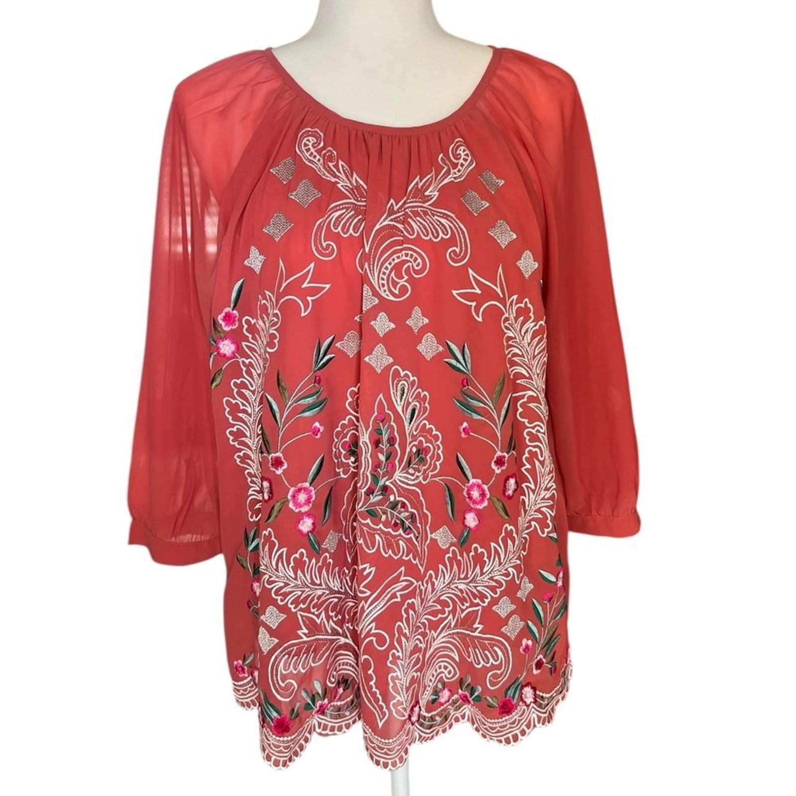 Boho Embroidered Peasant Top Long Sleeve Coral Red Medium Soft Surroundings