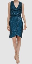 Eliza J Women's Blue Cowlneck Sleeveless Faux-Wrap Sequin Dress Size-14
