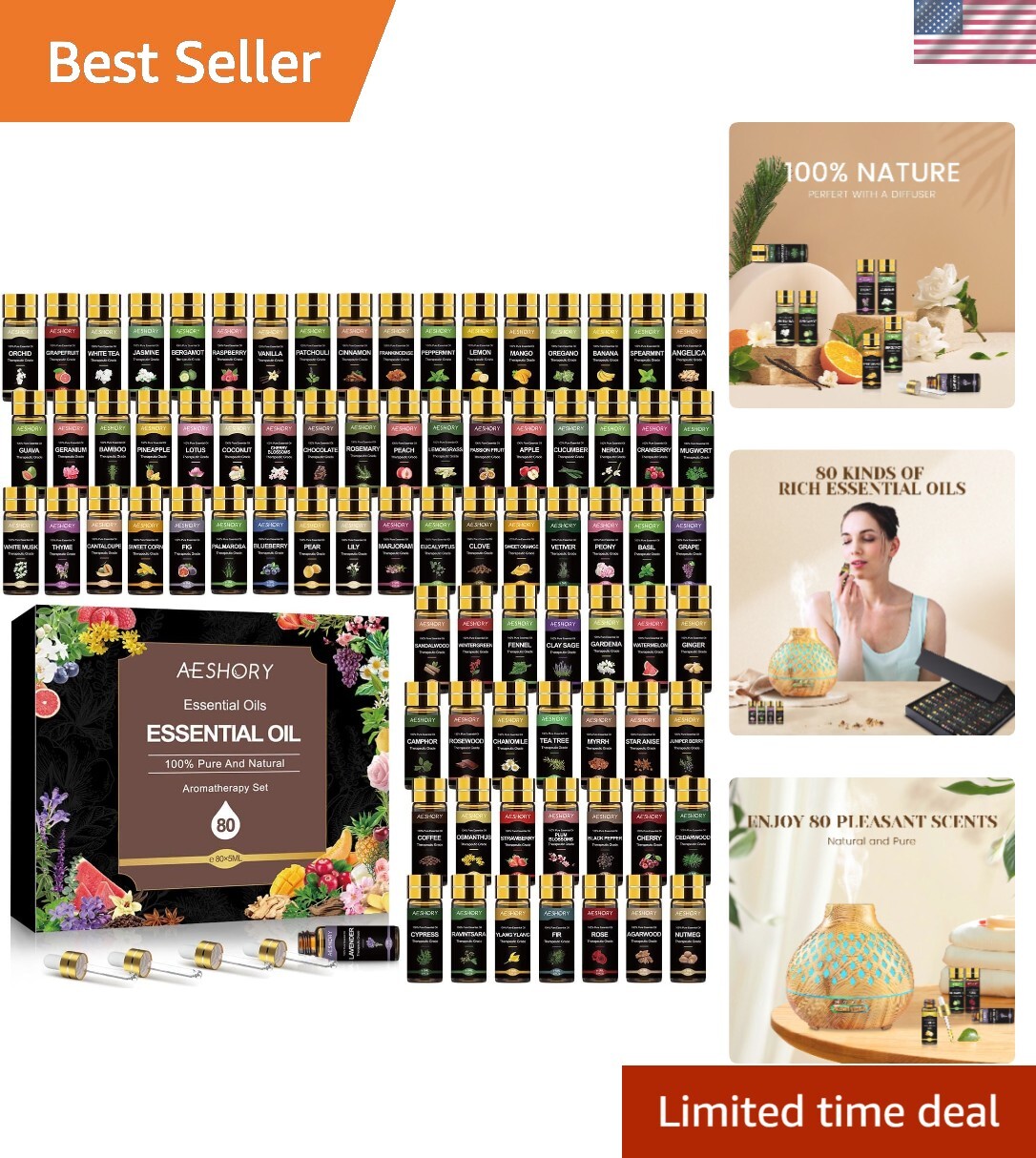 80-Piece Natural Essential Oil Set for Diffusers, Humidifiers & Aromatherapy