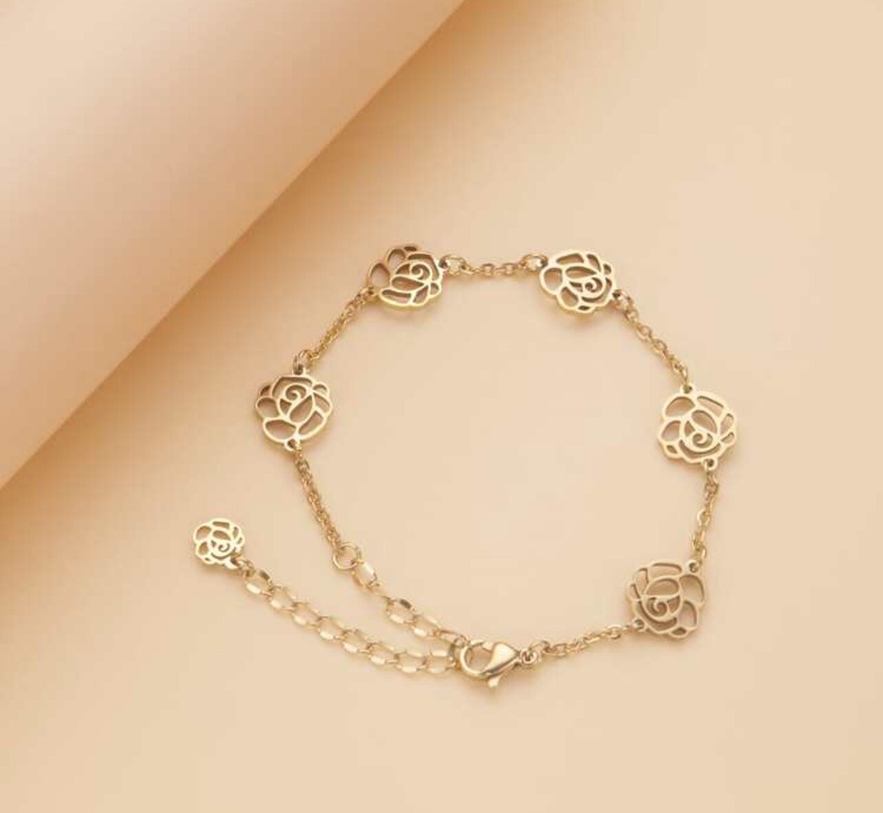Chaîne de rose bracelet acier inoxydable bijoux femme couleur or jaune ajustable 19cm