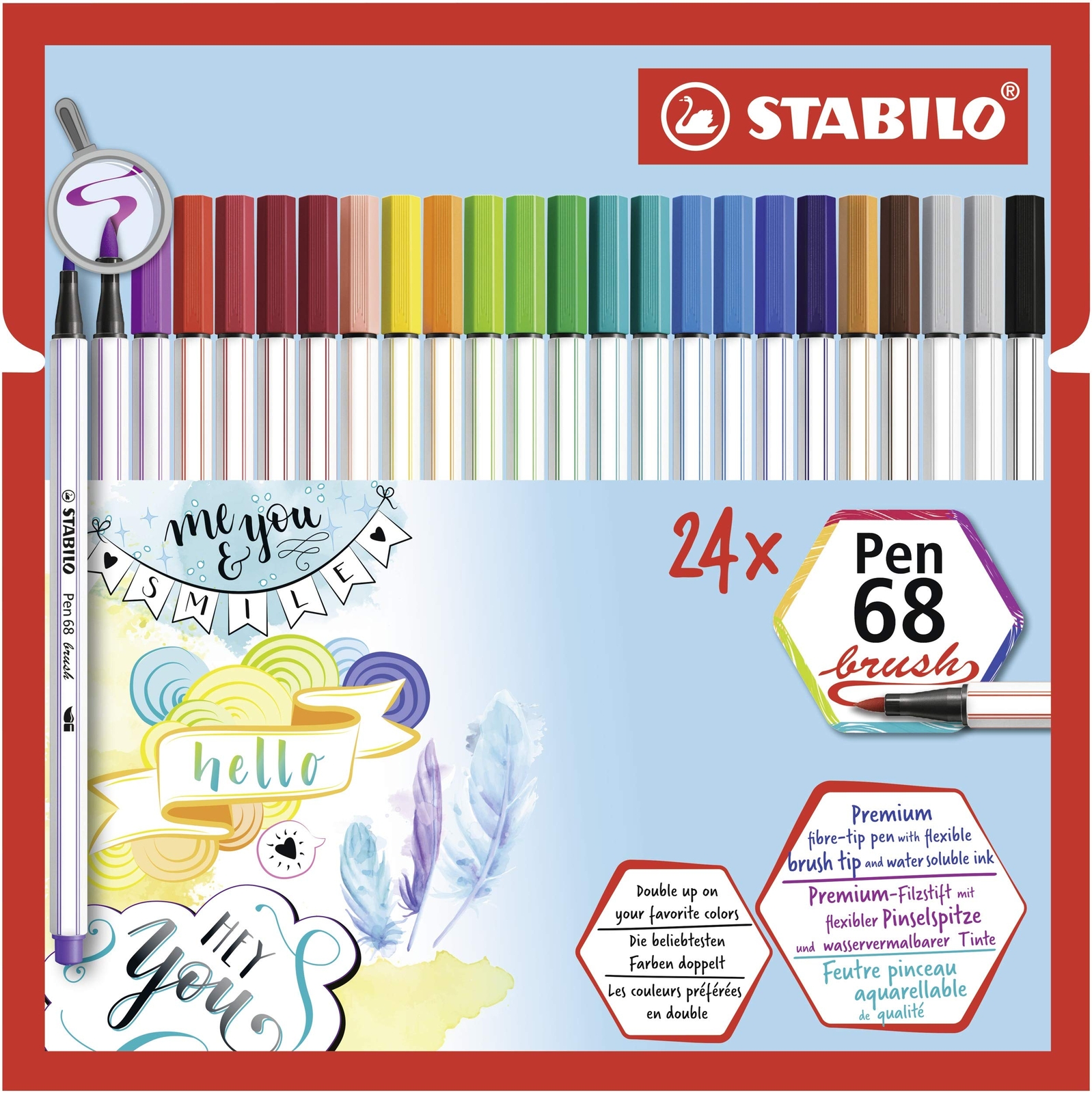 Premium Fibre-Tip Pen with Brush Tip - STABILO Pen 68 brush - Pack of 24 - Assor