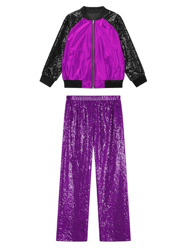 Kids Girls Dancewear Metallic Tracksuits Set Outfit Sparkling Jacket Dance 2pcs - Picture 37 of 133
