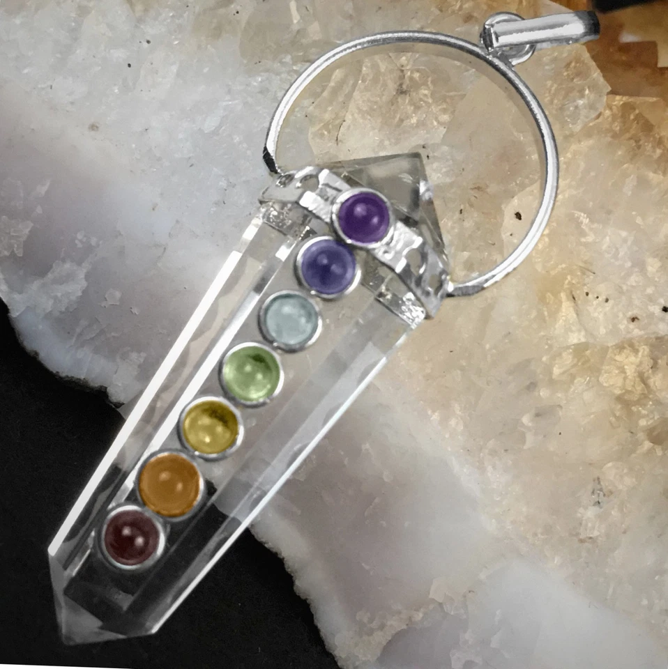 Collar colgante de plata de piedra de 7 chakras doble punta de cristal de cuarzo Reiki curación Foto 2 de 4