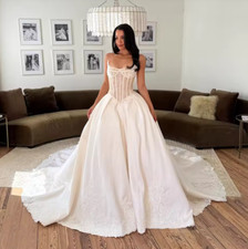 Luxurious Scoop Neckling Lace Satin Ball Grown Wedding Dresses Sweep Train