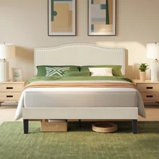 Bed Frame Upholstered Wood Slat Suppor with Adjustable Headboard Twin/Full/Queen