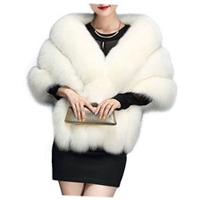 UMREN Women's Luxury Party Faux Fox Fur Long Shawl Cloak Cape One Size A-white