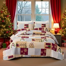 3 Pcs Christmas Bedding Plaid Quilt Set Full/Queen Size Xmas Bedspread Snowma...