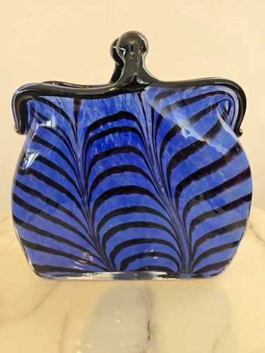 Vtg Hand Blown Art Glass Swirl Feather Print Style Glass Purse/Handbag Vase